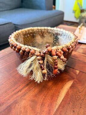 Handcrafted Decorative Gourd Bowl with Beaded Tassels - Papier Mache & Brown